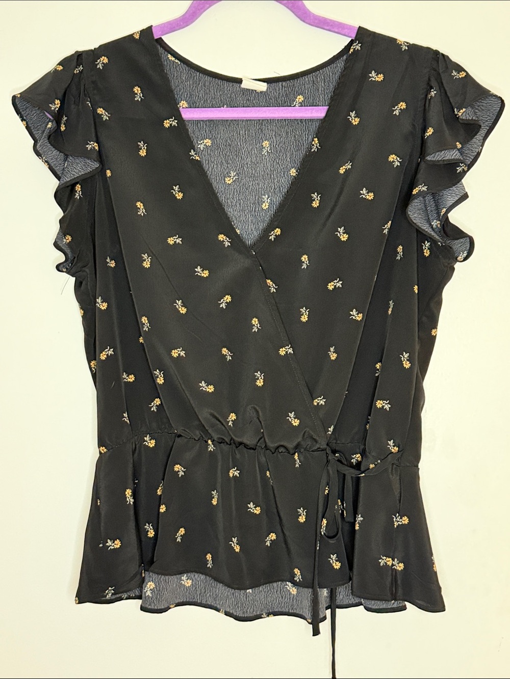 Melrose and Market Black Floral Wrap Peplum Blouse